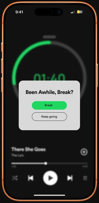 “Been Awhile, Break?” prompt with Break and Keep going buttons over the timer