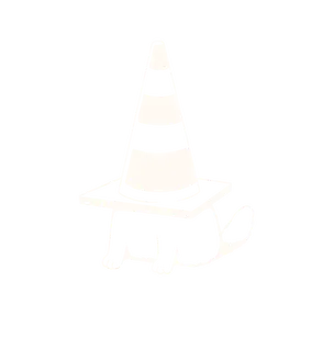 Hand-drawn cat sitting under a striped traffic cone
