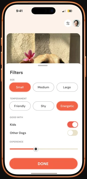 Filters bottom sheet with size and temperament chips, Good with toggles and an experience slider