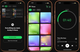 Three phone screens from Spotify Focus mode: an intro screen, a grid of focus sounds and a 01:40 focus timer