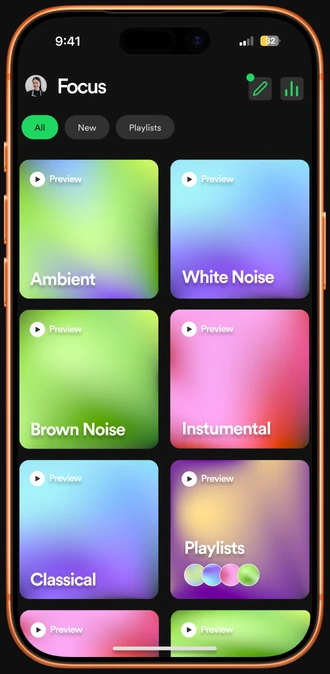 Focus home: a two-column grid of sound tiles such as Ambient, White Noise, Brown Noise and Instrumental