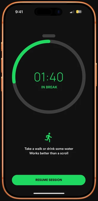 Break timer marked IN BREAK with a running figure and a prompt to take a walk or drink water