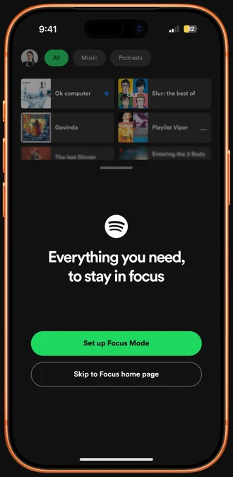 Focus Mode intro sheet: “Everything you need, to stay in focus” with Set up Focus Mode and Skip buttons