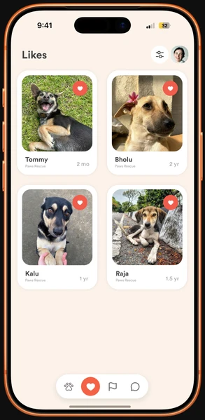 Likes screen: a two-column grid of liked dogs