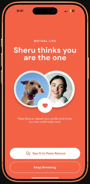 Mutual like screen: “Sheru thinks you are the one” with Say hi and Keep Browsing buttons