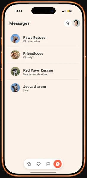 Messages screen listing shelter conversations
