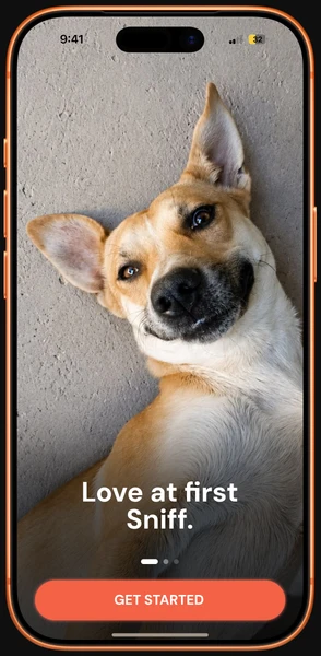 Onboarding screen: a dog photo with “Love at first Sniff.” and a Get Started button