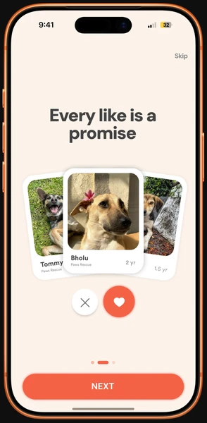 Onboarding screen: “Every like is a promise” with a stack of adoptable dog cards