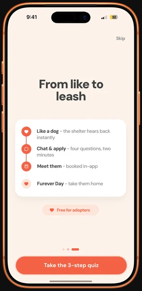 Onboarding screen: “From like to leash”, the four steps from liking a dog to Furever Day