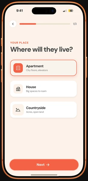 Lifestyle quiz step 1 of 3: “Where will they live?” with Apartment, House and Countryside