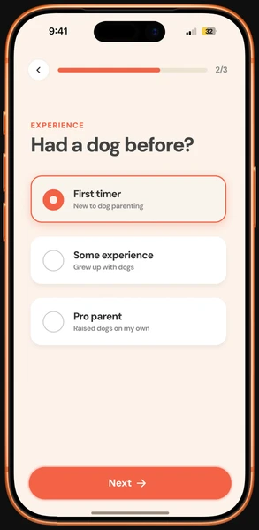 Lifestyle quiz step 2 of 3: “Had a dog before?” with first timer, some experience and pro parent