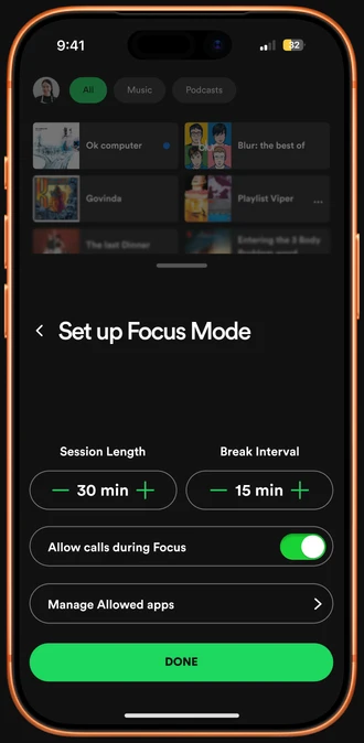 Set up Focus Mode: session length and break interval steppers, allow calls toggle and allowed apps