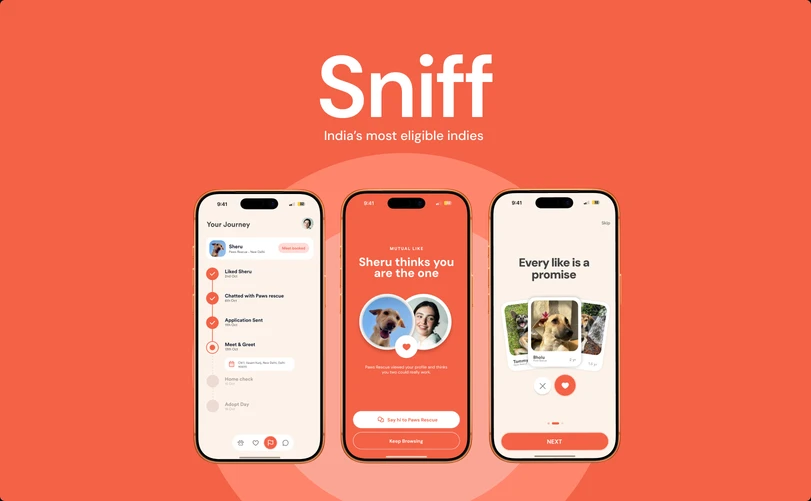 Sniff, India’s most eligible indies: three app screens on a coral background