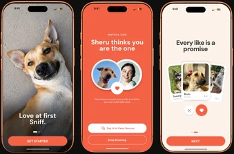 Three phone screens from the Sniff dog adoption app: a welcome screen, a mutual-like match and a card stack of dogs