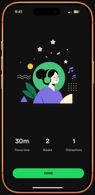 Session summary illustration with 30m focus time, 2 breaks and 1 distraction