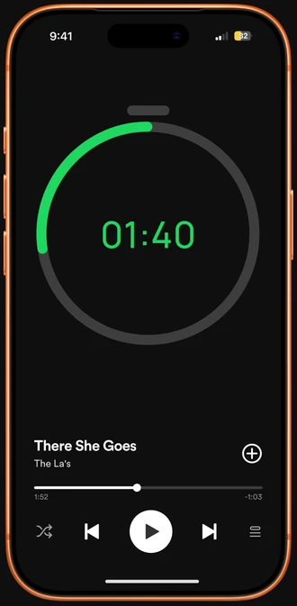 Focus session timer: a large green ring counting down 01:40 above the now-playing controls