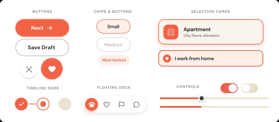 Sniff UI elements: buttons, chips, selection cards, timeline nodes, floating dock and controls